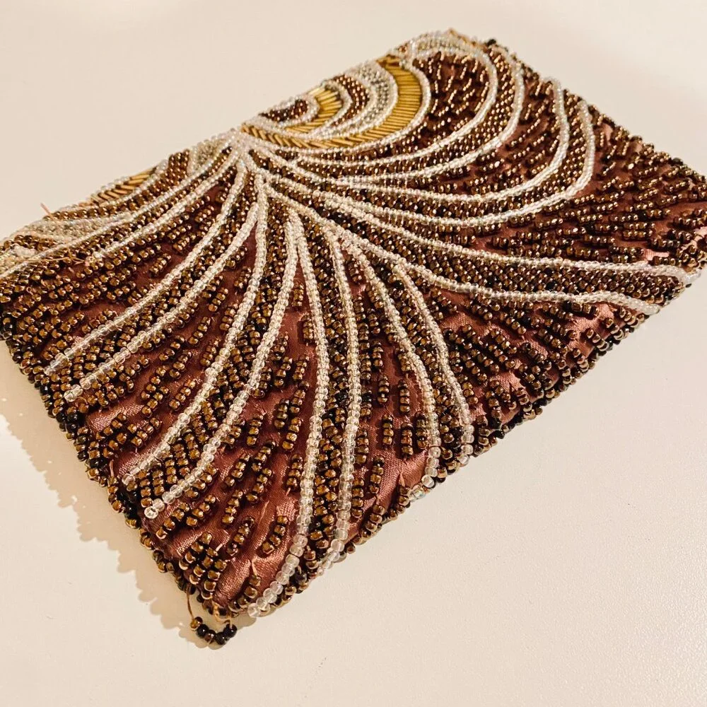 Vintage‎ Brown & Gold Beaded Swirl Art Deco Satin Clutch Purse - Loose Beading